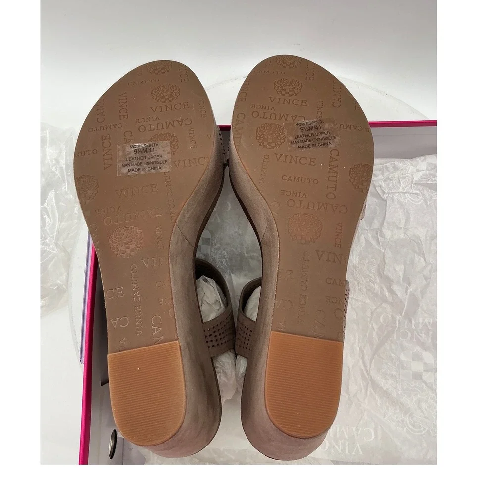 Vince Camuto Vessinta Taupe Suede Perforated Platform‎ Wedge Sandals 9.5M